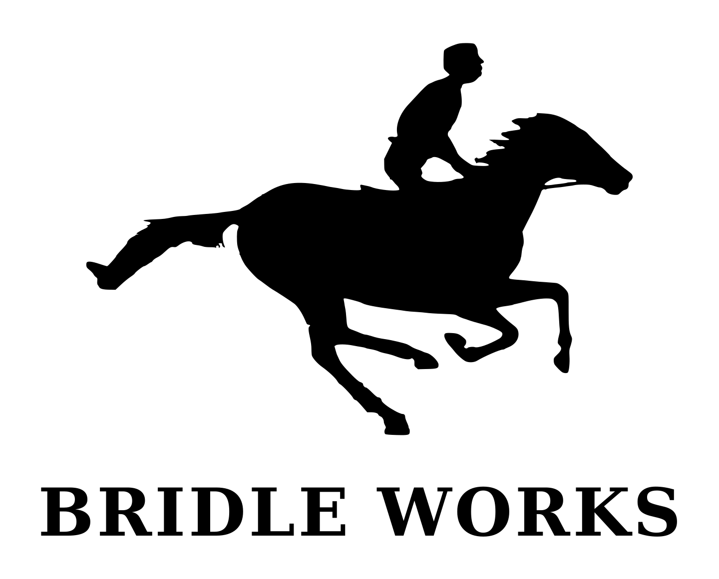 Bridle Works logo: a galloping horse and rider, traced from Eadweard Muybridge's 1878 photographs The Horse in Motion, above the name BRIDLE WORKS